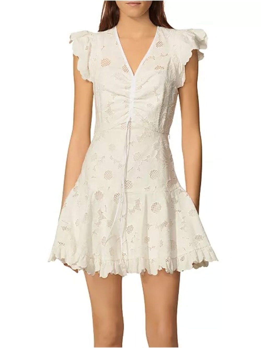 Sandro Embroidered Mesh Detail Dress White Eyelet Ruched V-Neck size 36